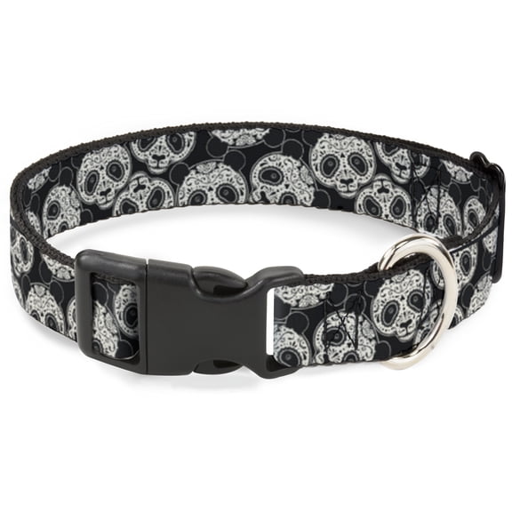 Buckle-Down Pet Collar, Dog Collar Plastic Buckle, Panda Bear Sugar Skull Scattered Black Cream, 7 to 8.5 Inches 0.5 Inch Wide
