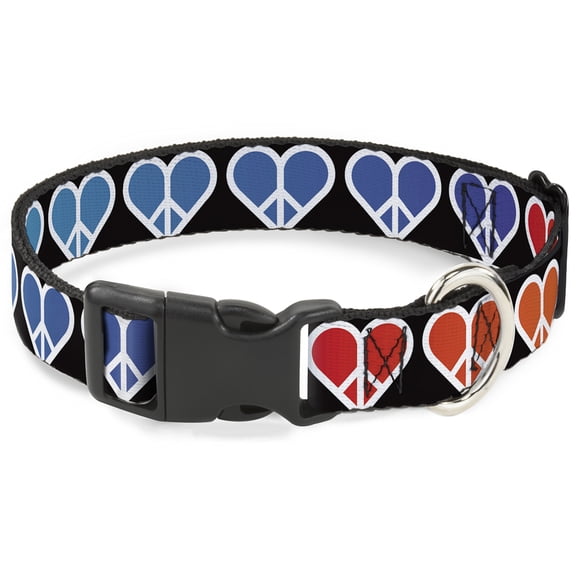 Buckle-Down Pet Collar, Dog Collar Plastic Buckle, Peace Hearts Repeat Fill Black Rainbow, 8.5 to 12 Inches 0.5 Inch Wide