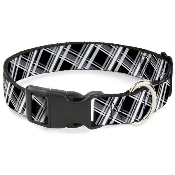 Buckle-Down Pet Collar, Dog Collar Plastic Buckle, Plaid X Black Grays White, 9.5 to 13 Inches 1.0 Inch Wide