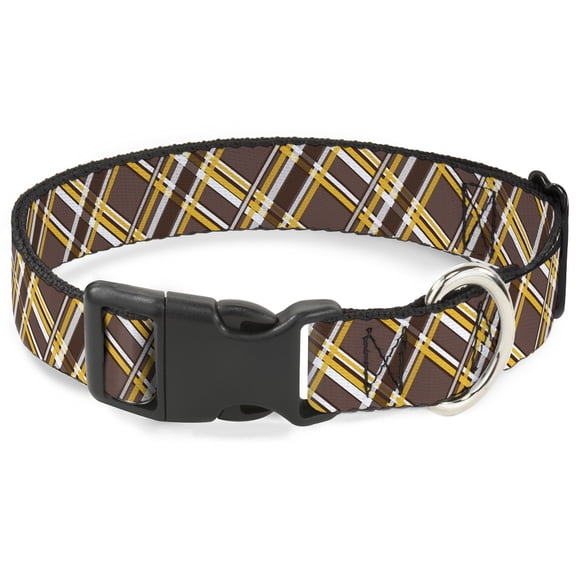 Buckle-Down Pet Collar, Dog Collar Plastic Buckle, Plaid X Brown White Gold, 11 to 16.5 Inches 1.0 Inch Wide