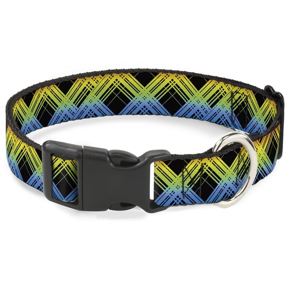 Buckle-Down Pet Collar, Dog Collar Plastic Buckle, Plaid X Gradient Black Orange Green Blue, 9.5 to 14.5 Inches 0.5 Inch Wide