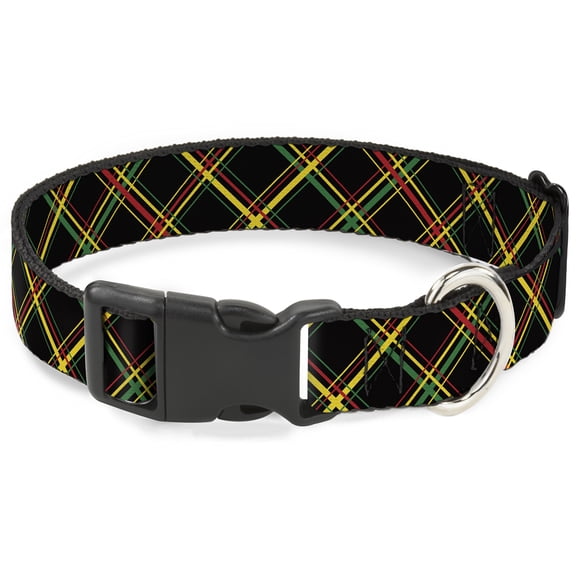 Buckle-Down Pet Collar, Dog Collar Plastic Buckle, Plaid X Rasta, 15 to 24 Inches 1.0 Inch Wide