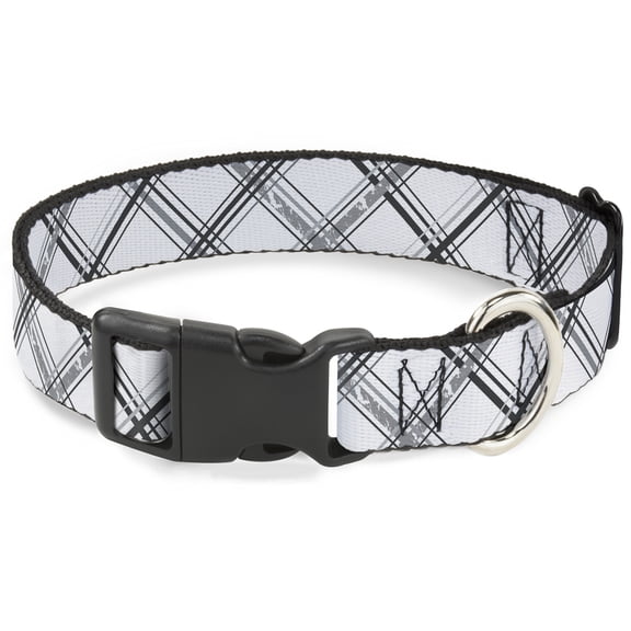 Buckle-Down Pet Collar, Dog Collar Plastic Buckle, Plaid X Weathered White Gray, 8.5 to 12 Inches 0.5 Inch Wide