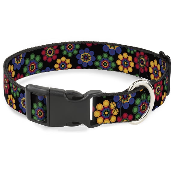 Buckle-Down Pet Collar, Dog Collar Plastic Buckle, Psychedelic Daisies Black Multi Color, 7 to 8.5 Inches 0.5 Inch Wide