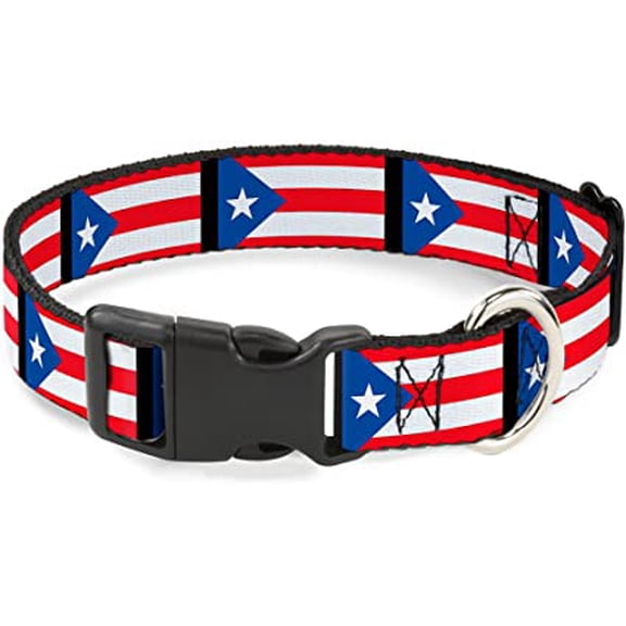 Buckle-Down Pet Collar, Dog Collar Plastic Buckle, Puerto Rico Flag Repeat Black, 11 to 16.5 Inches 1.0 Inch Wide