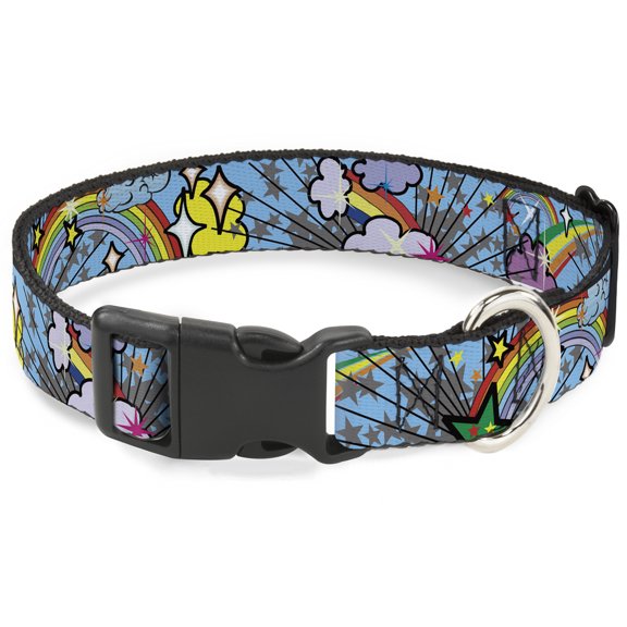 Buckle-Down Pet Collar, Dog Collar Plastic Buckle, Rainbow Cloud Stars Baby Blue, 9.5 to 13 Inches 1.0 Inch Wide