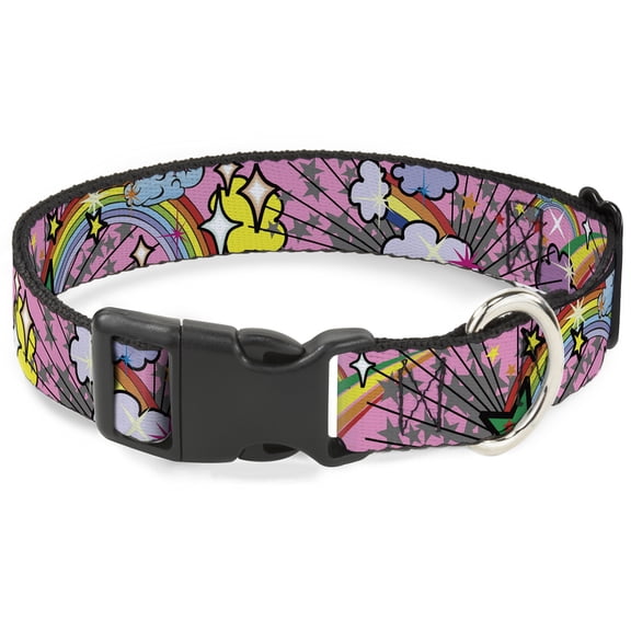 Buckle-Down Pet Collar, Dog Collar Plastic Buckle, Rainbow Cloud Stars Pink, 7 to 8.5 Inches 0.5 Inch Wide