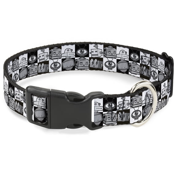 Buckle-Down Pet Collar, Dog Collar Plastic Buckle, Robot Heads Checkers Black White, 20 to 31 Inches 1.5 Inch Wide