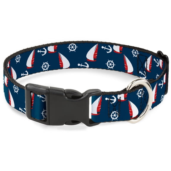 Buckle-Down Pet Collar, Dog Collar Plastic Buckle, Sailboat Anchor Helm Scattered Navy White Red, 9.5 to 14.5 Inches 0.5 Inch Wide