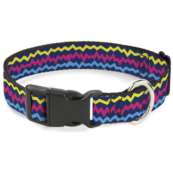 Buckle-Down Pet Collar, Dog Collar Plastic Buckle, Scribble Zig Zag Stripe Navy Multi Color, 11 to 16.5 Inches 1.0 Inch Wide
