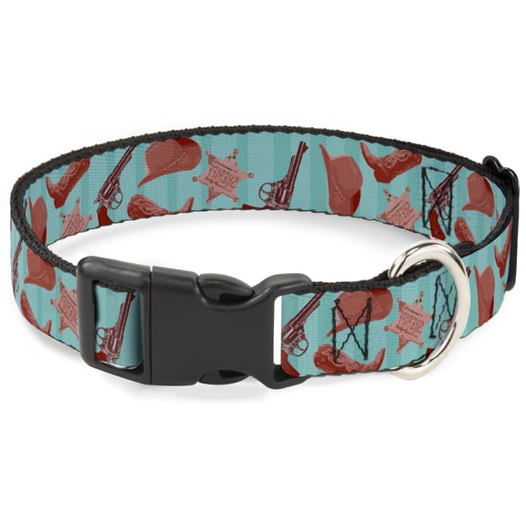 Buckle-Down Pet Collar, Dog Collar Plastic Buckle, Sheriffs Gear Vertical Stripe Turquoise Browns, 9.5 to 13 Inches 1.0 Inch Wide