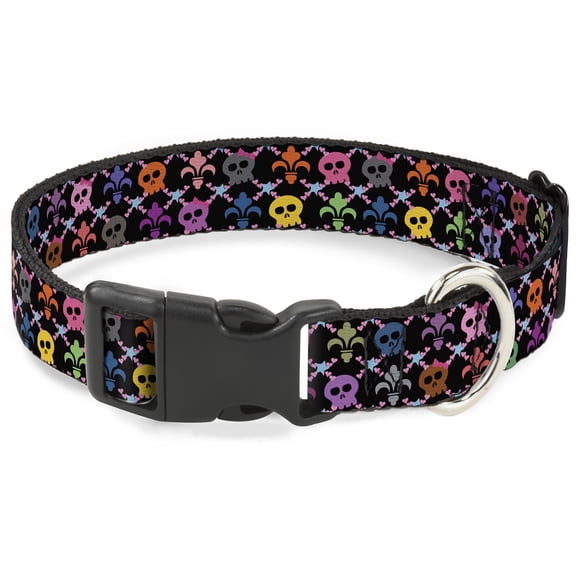 Buckle-Down Pet Collar, Dog Collar Plastic Buckle, Skull Fleur De Lis Black Multi Color, 9.5 to 13 Inches 1.0 Inch Wide