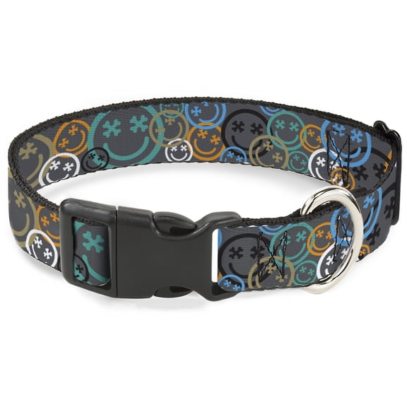 Buckle-Down Pet Collar, Dog Collar Plastic Buckle, Smiley Face Crossbones Stacked Gray Multi Color, 15 to 24 Inches 1.0 Inch Wide