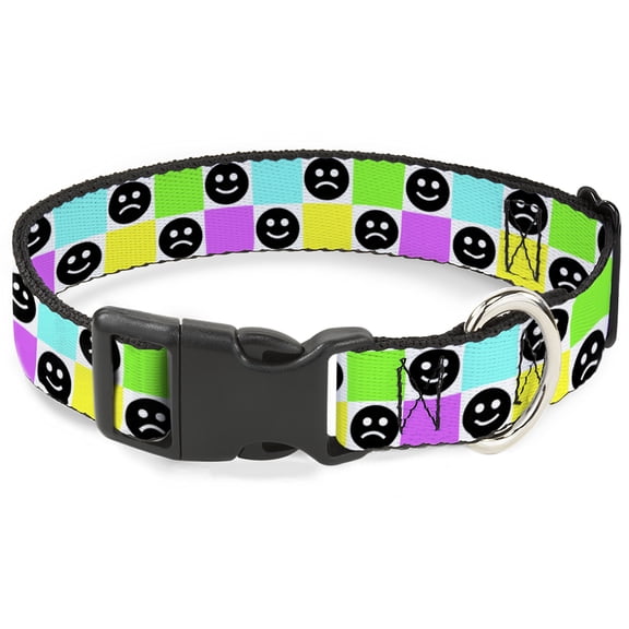 Buckle-Down Pet Collar, Dog Collar Plastic Buckle, Smiley Sad Face Checker Multi Color White, 15 to 24 Inches 1.0 Inch Wide