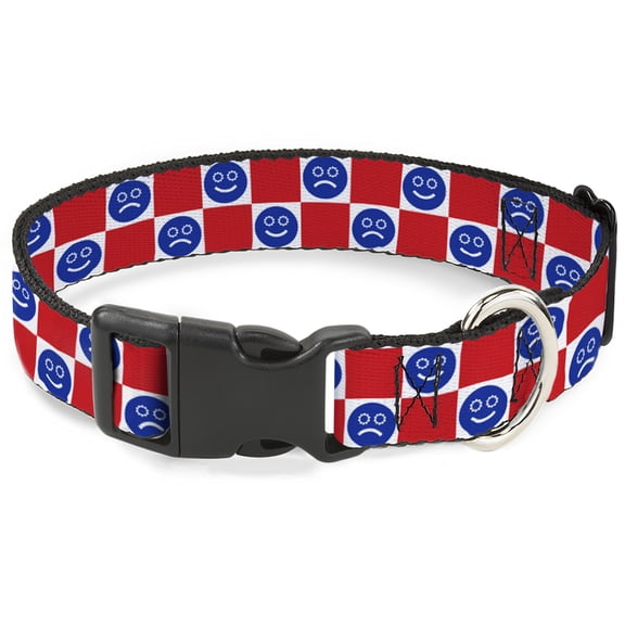 Buckle-Down Pet Collar, Dog Collar Plastic Buckle, Smiley Sad Face Checker Red White Blue, 15 to 24 Inches 1.0 Inch Wide