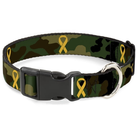 Buckle-Down Pet Collar, Dog Collar Plastic Buckle, Support Our Troops Camo Olive Yellow Ribbon, 8.5 to 12 Inches 0.5 Inch Wide