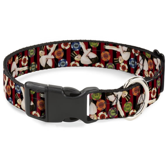 Buckle-Down Pet Collar, Dog Collar Plastic Buckle, Top Hat Pin Up Girl Poker Chips Vertical Stripes Red Black, 8.5 to 12 Inches 0.5 Inch Wide