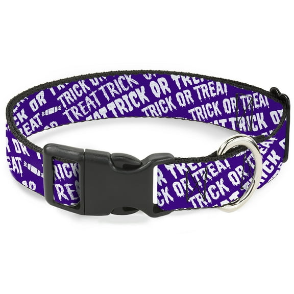 Buckle-Down Pet Collar, Dog Collar Plastic Buckle, Trick or Treat Text Collage Purple White, 11 to 16.5 Inches 1.0 Inch Wide