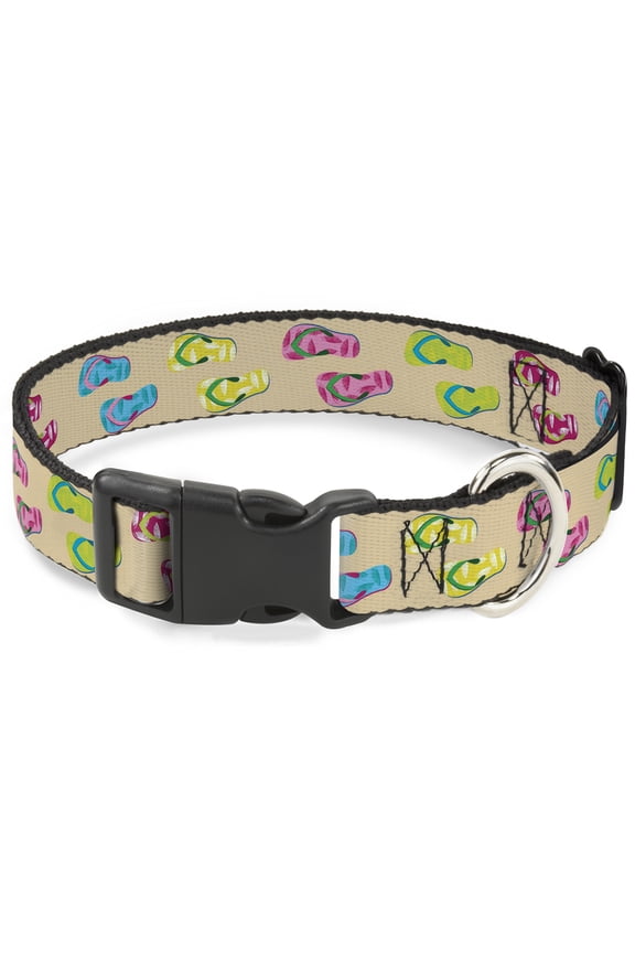 Pet Collar, Dog Collar Plastic Buckle, Tropical Flip Flops Tan Multi Color, 11 to 16.5 Inches 1.0 Inch Wide