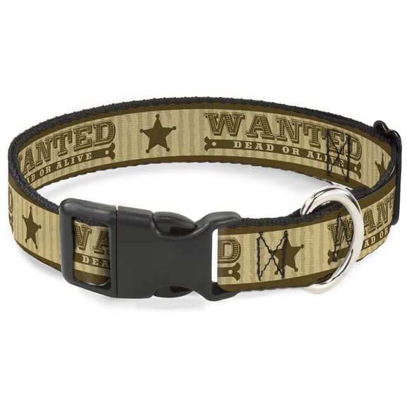 Buckle-Down Pet Collar, Dog Collar Plastic Buckle, Wanted Dead or Alive Star Tans, 7 to 8.5 Inches 0.5 Inch Wide