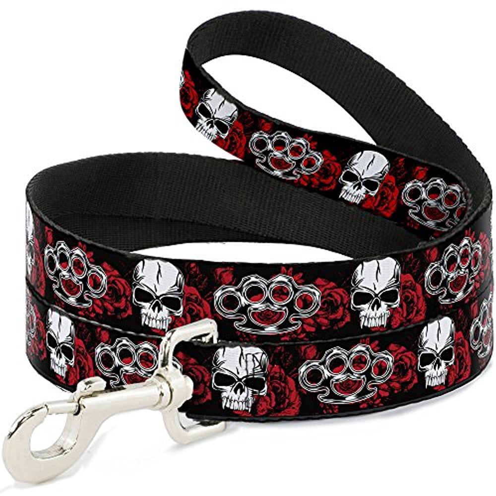 Buckle-Down Pet Leash - Brass Knuckles Skulls Roses Black Red White - 6 Feet Long - 1" Wide