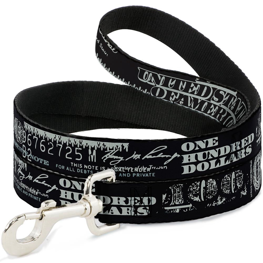 Buckle-Down Pet Leash, Dog Leash, Americana One Hundred Dollar Bill Elements Black Gray, 6 Feet Long 1.0 Inch Wide