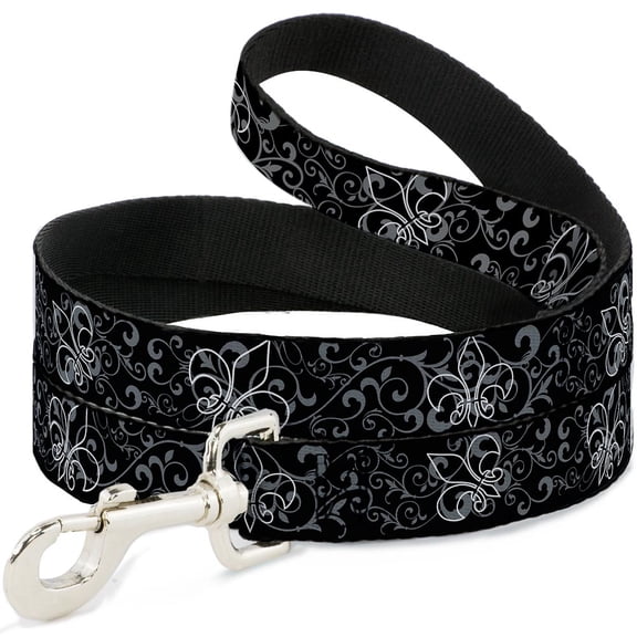 Buckle-Down Pet Leash, Dog Leash, Fleur De Lis Outline Filigree Black Gray, 4 Feet Long 1.0 Inch Wide