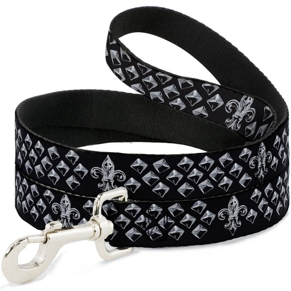 Buckle-Down Pet Leash, Dog Leash, Fleur De Lis Printed Studs Black Grays, 4 Feet Long 1.0 Inch Wide