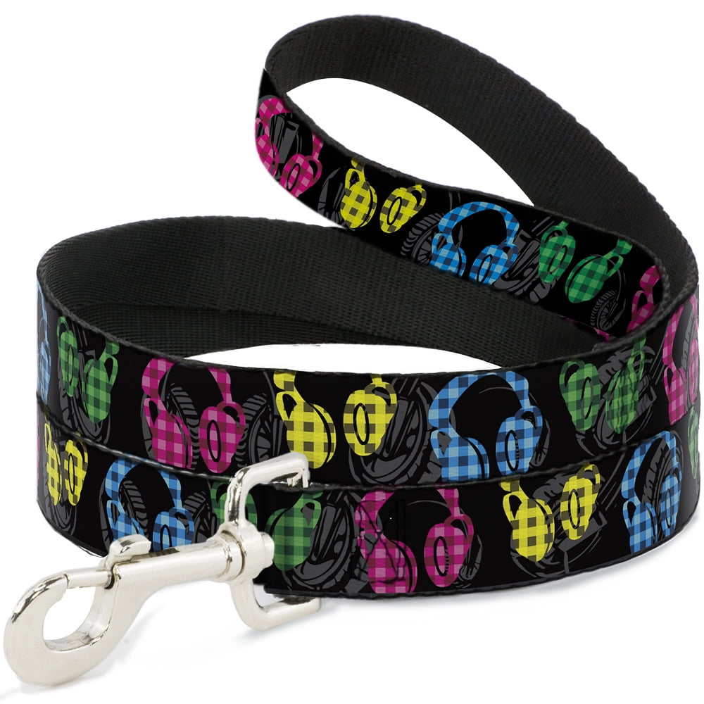 Buckle-Down Pet Leash, Dog Leash, Headphones Buffalo Plaid Black Neon, 6 Feet Long 1.0 Inch Wide