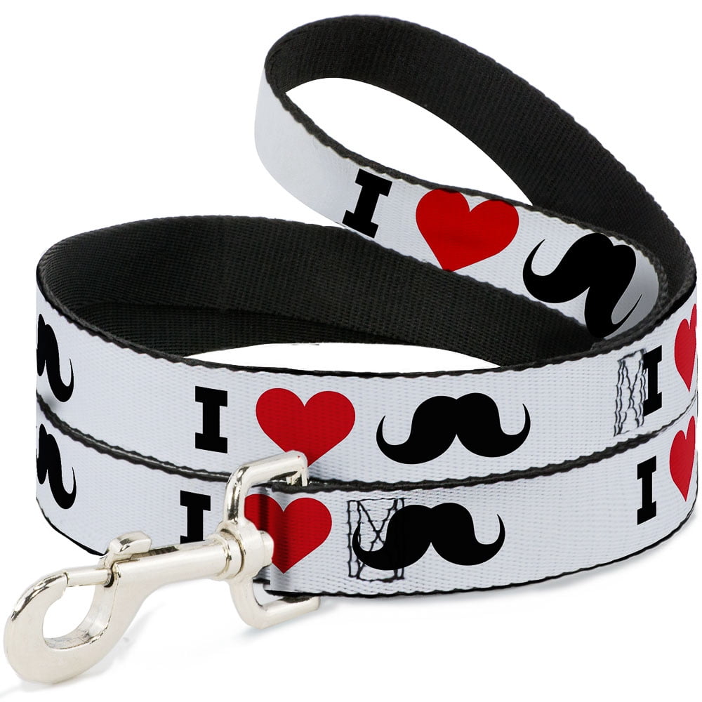 Buckle-Down Pet Leash, Dog Leash, I Heart Mustache White Black Red, 6 Feet Long 1.0 Inch Wide