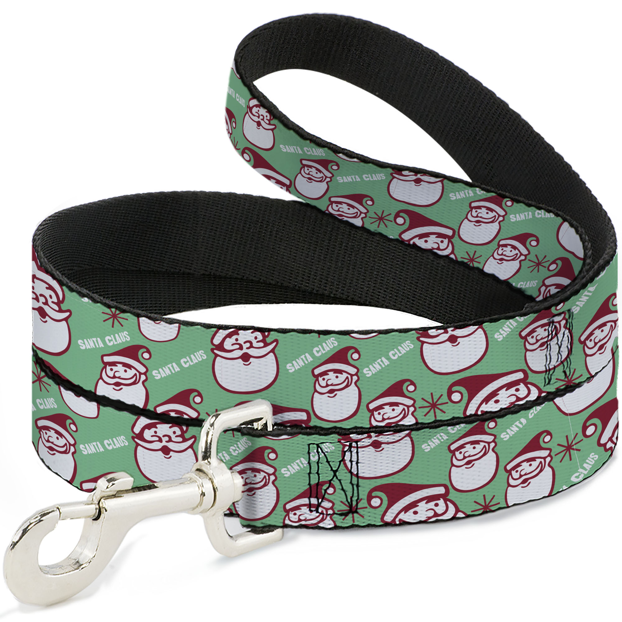 Buckle-Down Pet Leash, Dog Leash, Jolly Santa Claus Christmas Smiling Face Text Green Red White, 6 Feet Long 1.0 Inch Wide