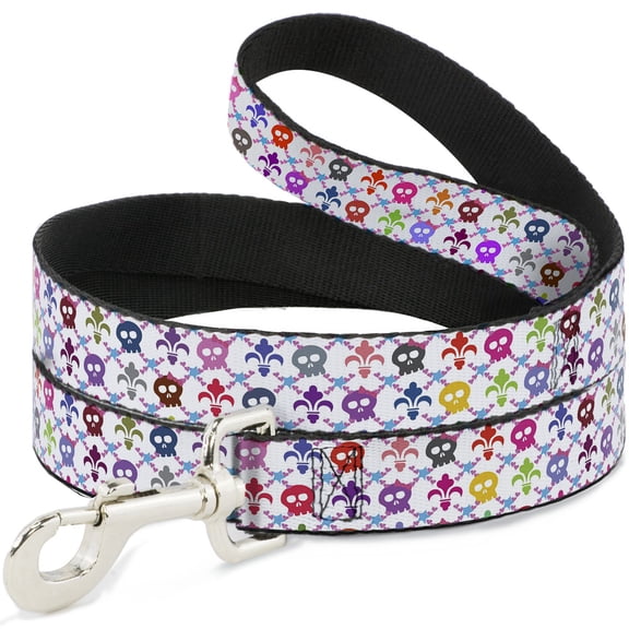 Buckle-Down Pet Leash, Dog Leash, Skull Fleur De Lis White Multi Color, 4 Feet Long 1.0 Inch Wide