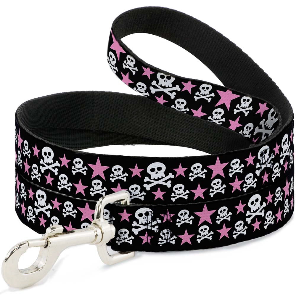 Buckle-Down Pet Leash, Dog Leash, Skulls Stars Black White Pink, 6 Feet Long 1.0 Inch Wide