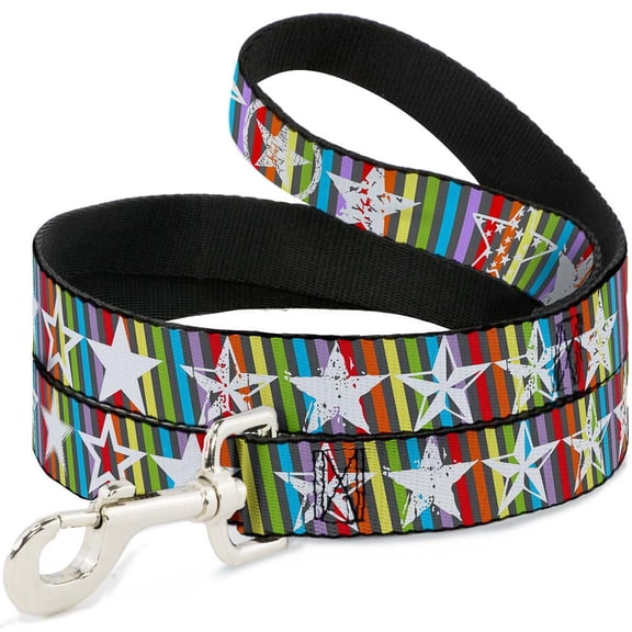 Buckle-Down Pet Leash, Dog Leash, Stars Lines Gray Multi Color White, 4 Feet Long 1.0 Inch Wide
