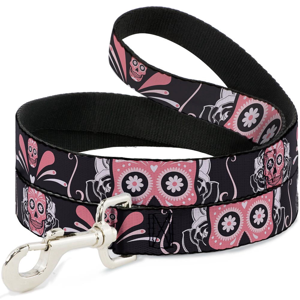 Buckle-Down Pet Leash, Dog Leash, Sugar Skulls Gray Pink, 6 Feet Long 1.0 Inch Wide