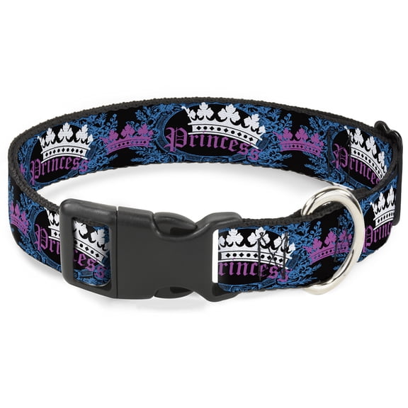 Buckle-Down Pet Collar, Dog Collar Plastic Buckle, Crown Princess Oval Black Turquoise, 7 to 8.5 Inches 0.5 Inch Wide