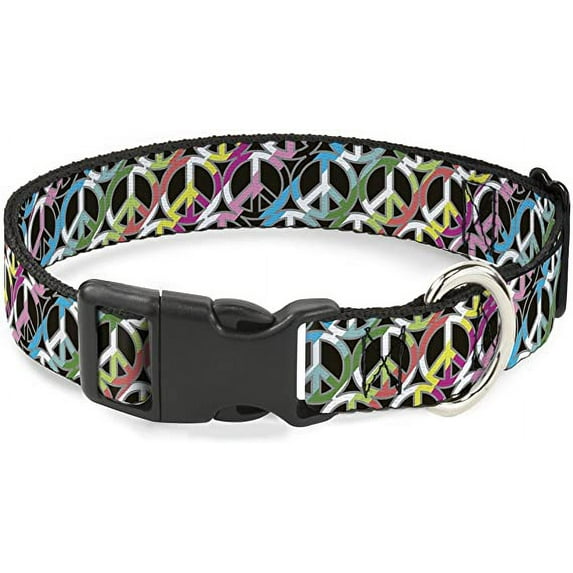 Buckle-Down Plastic Clip Collar - Peace Black/Multi Stripes - 1/2" Wide - Fits 9-15" Neck - Large
