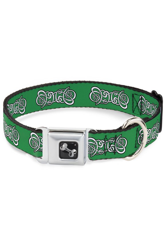 Pet Collar, Dog Collar Metal Seatbelt Buckle, Celtic Knot Greens Black White, 15 to 24 Inches 1.0 Inch Wide