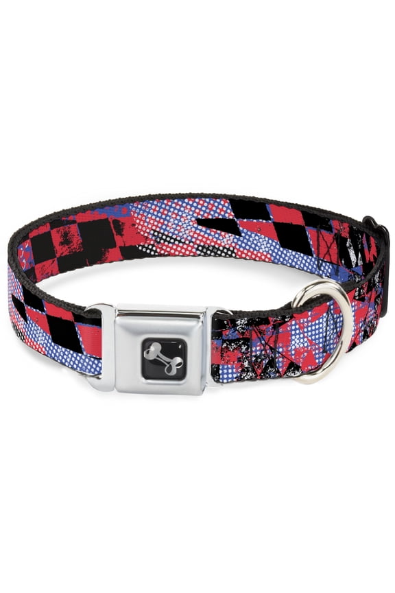 Pet Collar, Dog Collar Metal Seatbelt Buckle, Grunge Checker Flag Blue Red, 11 to 16.5 Inches 1.0 Inch Wide