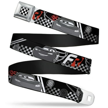 Disney Belt, Seatbelt Buckle Belt, Lightning McQueen Poses FR 95 Checker Black White Red, 24 to 38 Inches