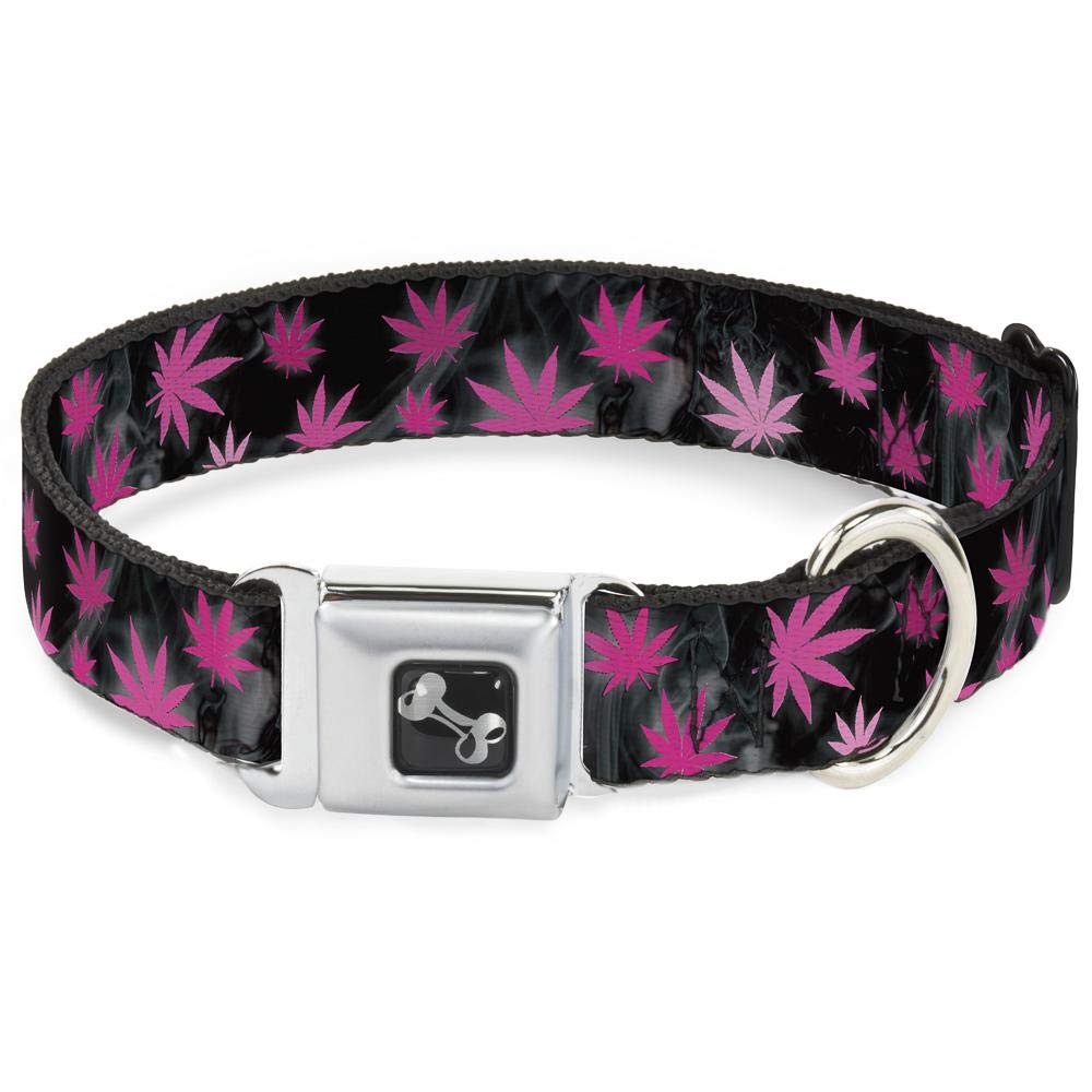BuckleDown Seatbelt Buckle Dog Collar Pot Leaves/Smoke Black/Pink