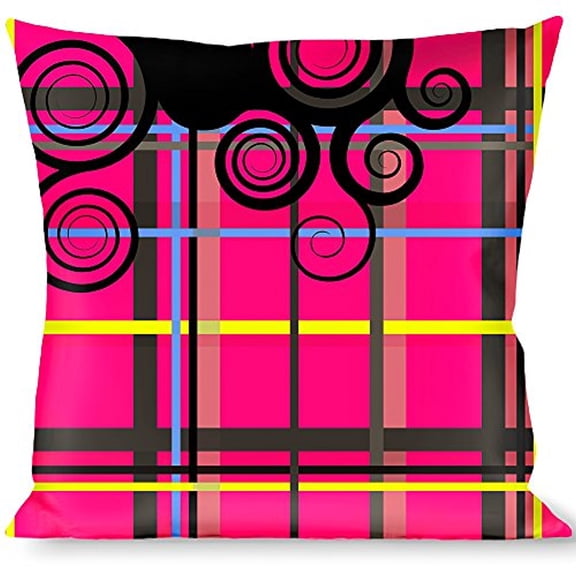 buckle-down throw pillow - plaid curls pink black yellow blue