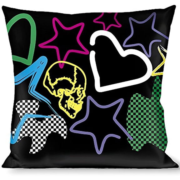 Buckle-Down Throw Pillow - Sketch Skull Star Heart Checker Black Multi