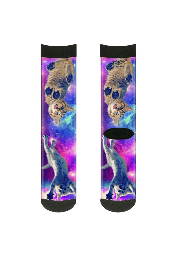 Unisex-Adult's Socks Cats in Space Pinks/Blues Crew, Multicolor