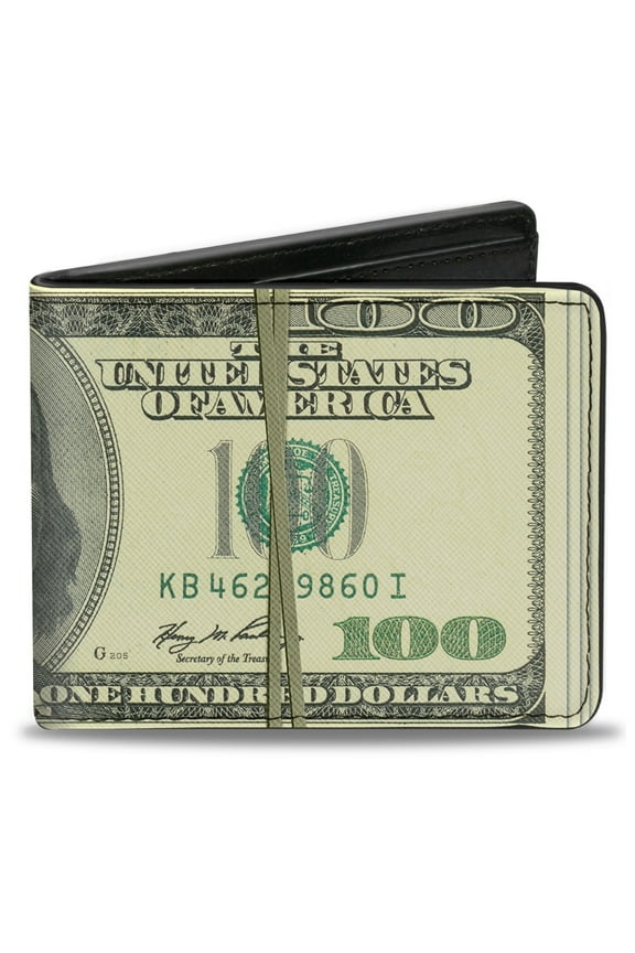Wallet, Bifold, 100 Dollar Bill Series 2006 Rubberband, Vegan Leather