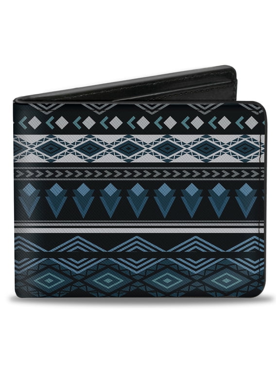 Wallet, Bifold, Aztec Pattern Blues White Gray, Vegan Leather