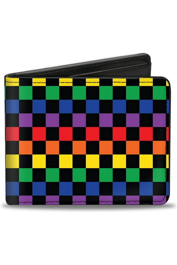 Wallet, Bifold, Checker Black Rainbow Multi Color, Vegan Leather