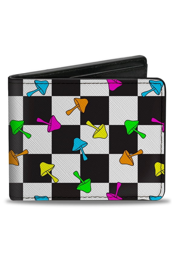 Wallet, Bifold, Mushrooms Scattered Checker Black White Multi Neon, Vegan Leather