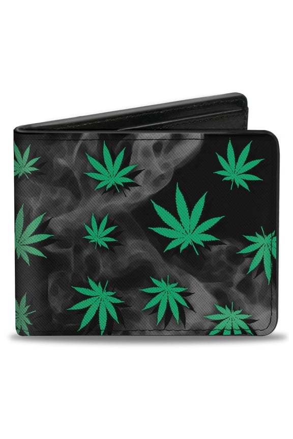 Wallet, Bifold, Pot Leaves Black Smoke Green, Vegan Leather