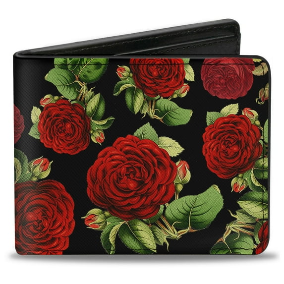 Buckle-Down Wallet, Bifold, Red Rose Blooms Buds Black, Vegan Leather
